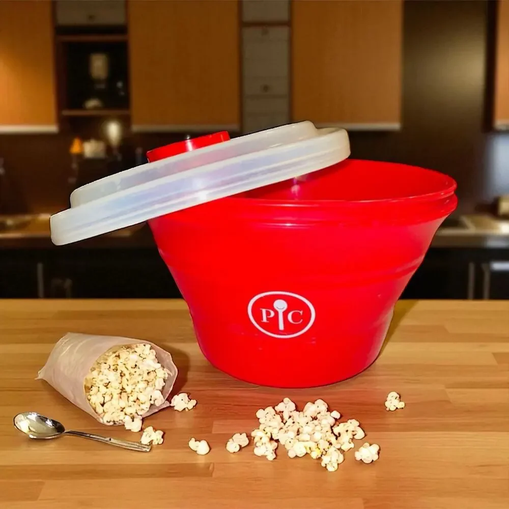 Pampered Chef Microwave Popcorn Maker Bowl Red Silicone Collapsible Lid 1457